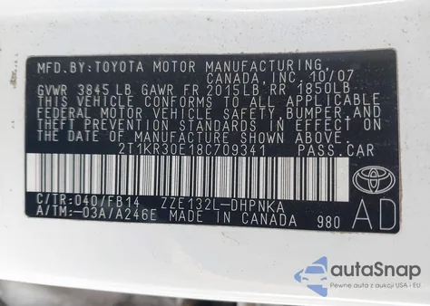 2008 Toyota Matrix Xr from USA, damaged, VIN 2T1KR30E18C709341